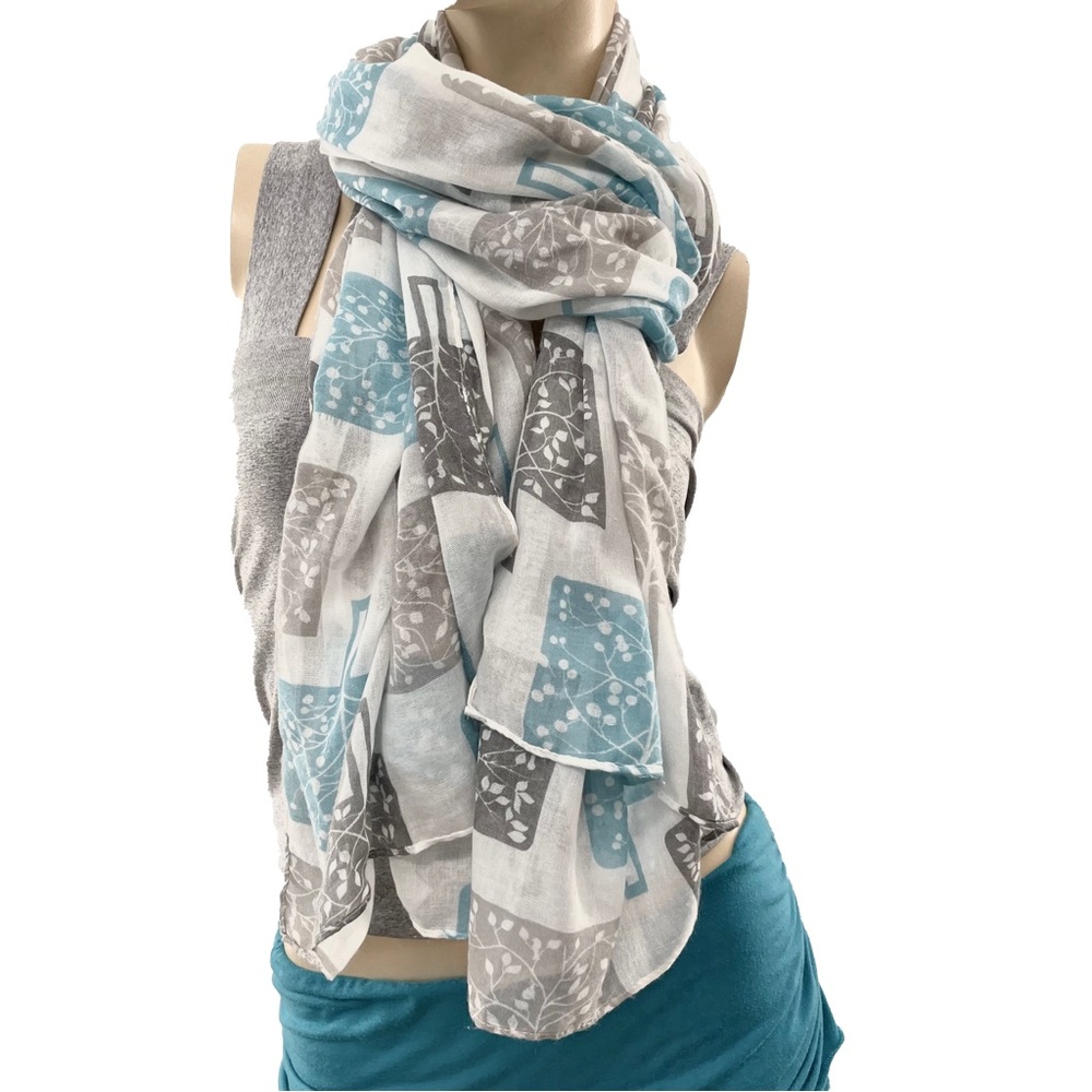 Blue and Gray Tree Patterned Scarf